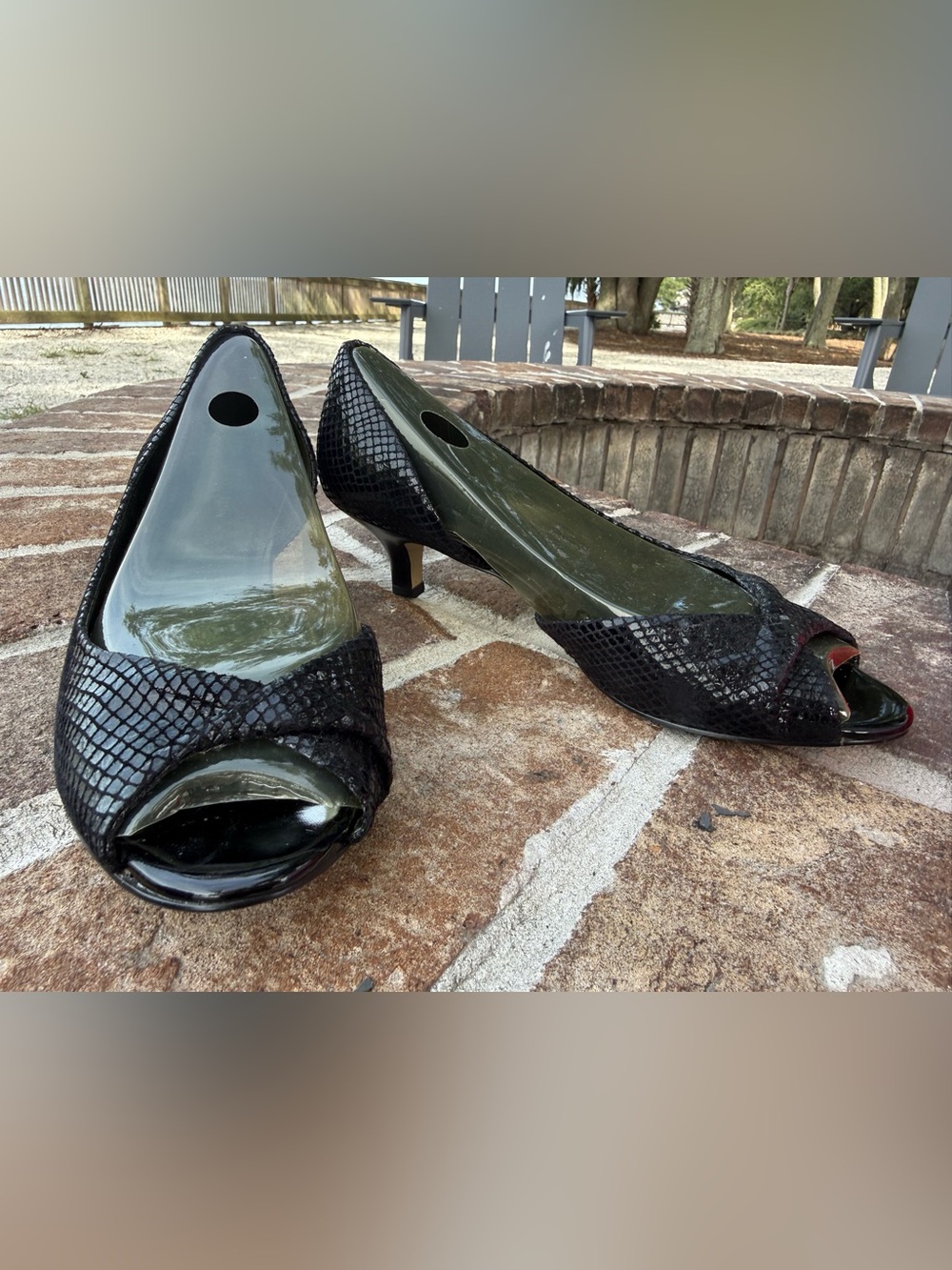 AK Anne Klein Black Peep-Toe Kitten Heel Pumps - Women's